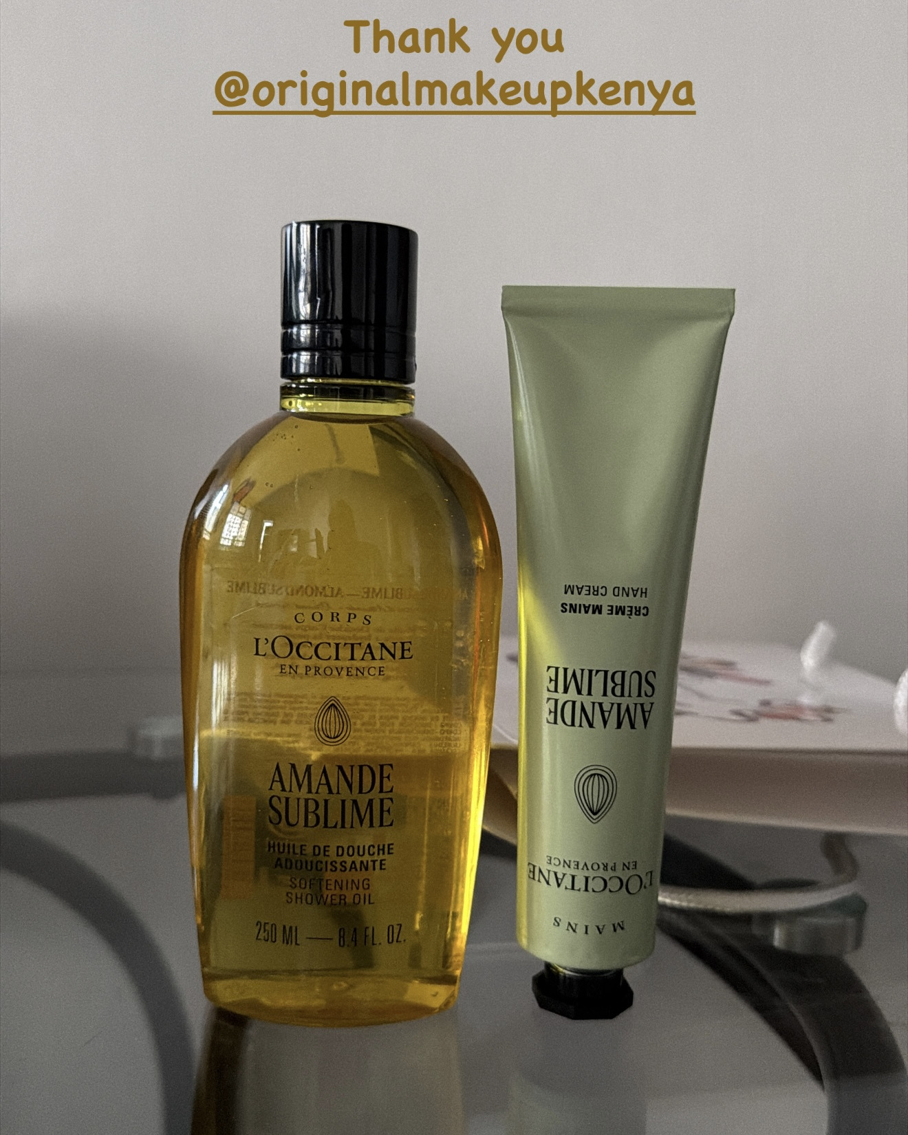 Customer post with L’Occitane shower oil and hand cream