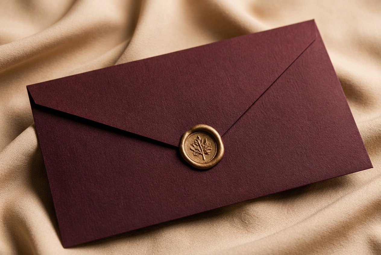 Burgundy gift envelope sealed with a gold wax seal on deep velvet